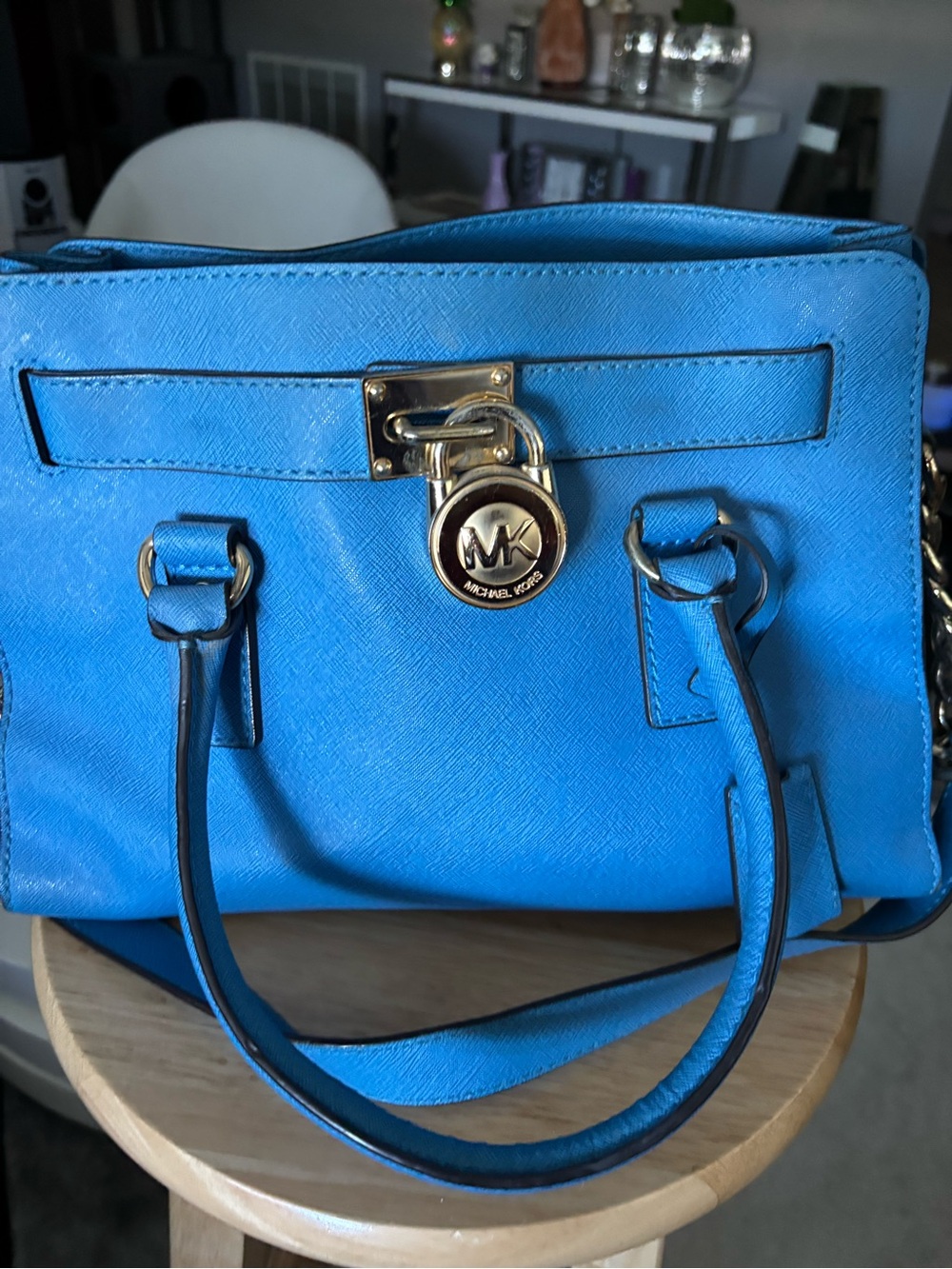 Michael Kors Bright Blue Saffiano Satchel with Gold Hardware